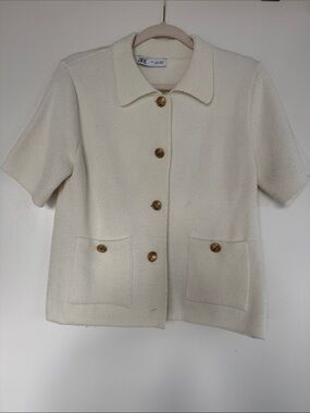 Zara Cream Short-Sleeve Knit Blazer with Gold Buttons